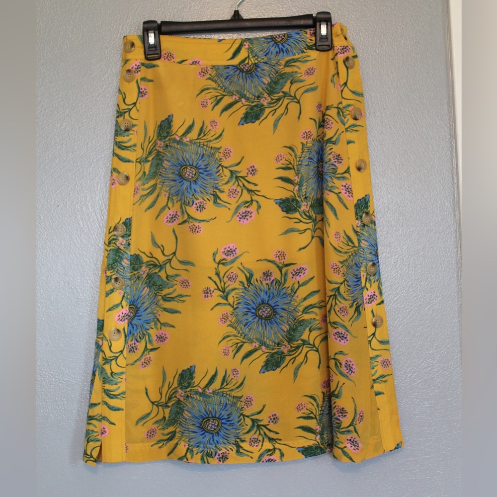 Madewell Silk Side Button Midi Skirt in Yellow Floral Painted Blooms 0
